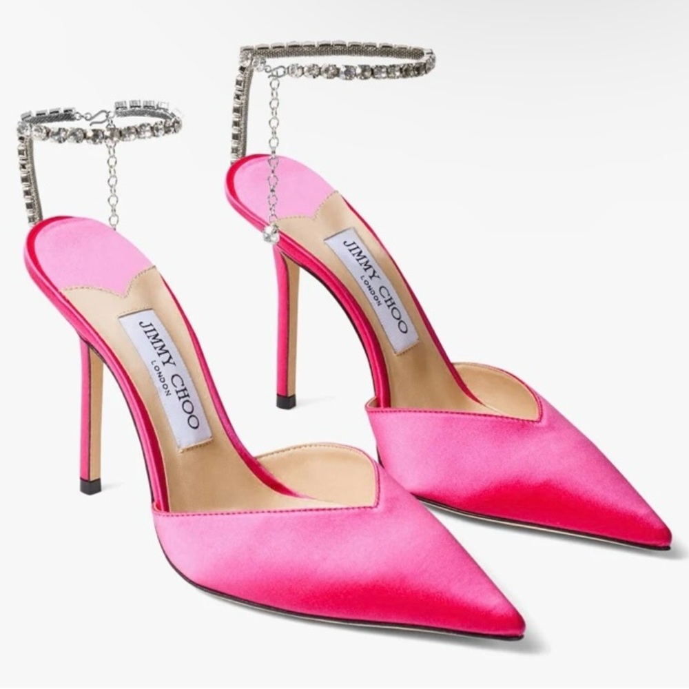 Jimmy Choo Saeda 100 Fuchsia Satin Pumps with Crystal Embellishment size 38
